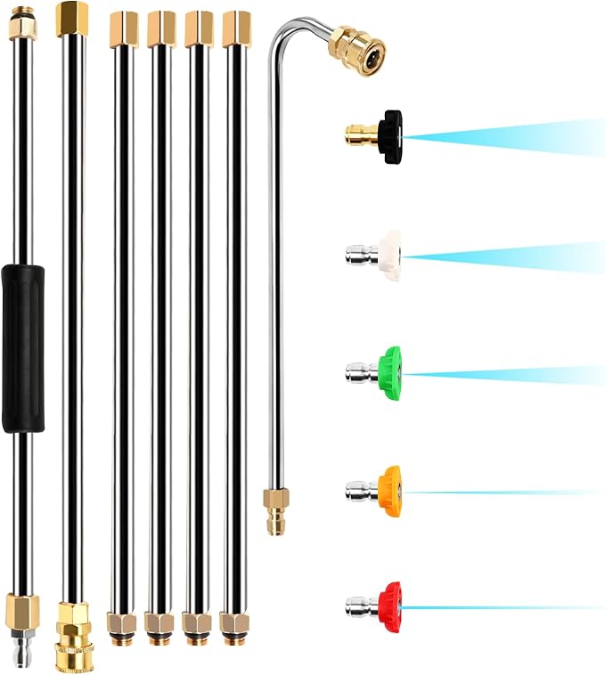 Pressure Washer Extension Wand 120", Gutter Cleaner Attachment | 10 Pc Power Washer Lance with 6 Atomization Nozzle Tips,1 Gutter Cleaner Attachment Curved Rod, 1/4" Quick Connect, 4000 PSI