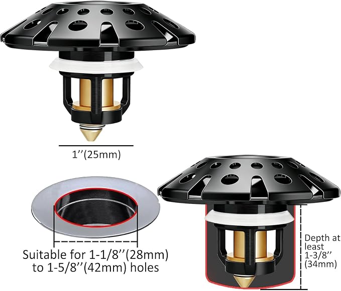 AzWzz Bathroom Sink Drain Strainer, 3 in 1 Pop Up Bathroom Sink Stopper Plug with Hair Catcher Cover, Universal for 1.06 in to 1.6 in Sink Drain, Matte Black