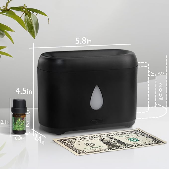 Flame Diffuser for Essential Oils, 200ml Ultrasonic Aroma Diffusers with Cool Mist, Aromatherapy Diffuser with Auto-Off Protection (Black(7 Colors), Peppermint+Lavender+Tea Tree+Lemon)