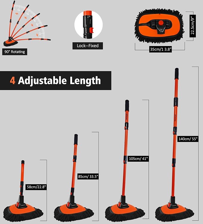 YeewayVeh 55" Car Wash Brush Mop, Extendable Long Handle, Orange | 15° Curved Extension Pole, Extra Microfiber Mop Head, Scratch-Free Auto Cleaning Kit for Truck, SUV & RV
