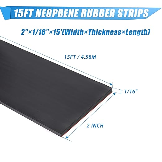 Neoprene Rubber Strips Self Adhesive Sheets, Rolls & Strips with Adhesive Backing Rubber Pads Self Stick Seal Gasket Sticky Back for Matting Padding - 2" Wide x 1/16" Thick x 15' Long