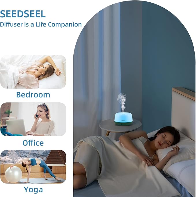 SEEDSEEL 300ML Mini Essential Oil Diffuser with USB-C Power Cord, 7 LED Color Changing Lights, 8 Hours Wood Grain Remote Control Aromatherapy Diffuser. Oil Diffuser for Room, Bedroom, Office, Home
