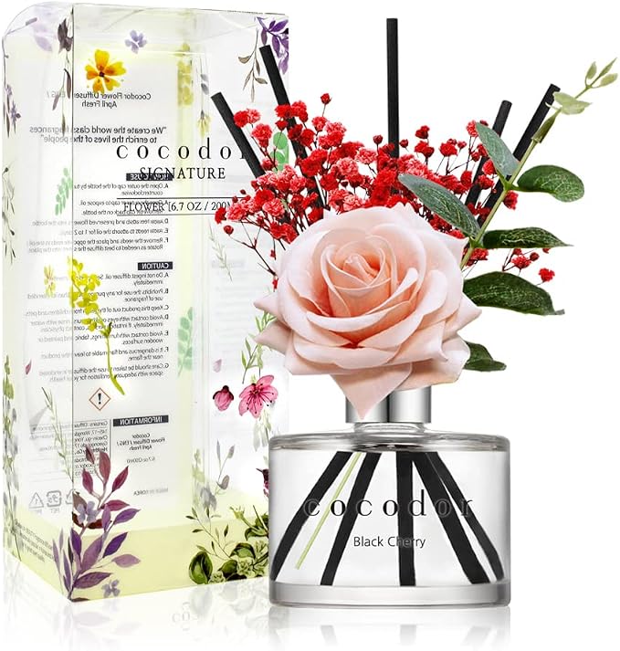 COCODOR Rose Flower Reed Diffuser/Black Cherry/6.7oz(200ml)/1 Pack/Reed Diffuser, Reed Diffuser Set, Oil Diffuser & Reed Diffuser Sticks, Home Decor & Office Decor, Fragrance and Gifts