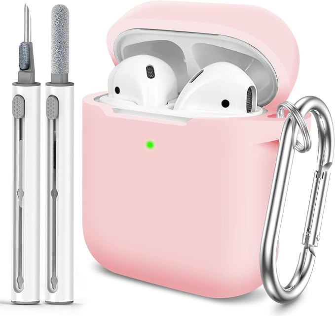 for AirPods Case Cover, Come with Clean Pen，Soft Silicone Protective Cover with Buckle for Women Men Compatible with Apple AirPods 2nd 1st Generation Charging Case, Front LED Visible,Pink