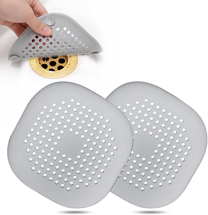 Bovinde Hair Drain Catcher Square for Shower 4PCS (Grey Aluminium White) | Drainer Cover Silicone Hair Stopper with Suction Cups,Protector Accessories,Easy to Install Suit for Bathroom,Bathtub,Sink