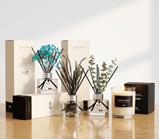 Flower Reed Diffuser Set Wild Eucalyptus Mint Scent for Bathroom Accessories Shelf Decor & Air Fresheners, Sticks Defusers with 5.1 fl oz Essential Oils & Leaves, House Bedroom Office Decor & Gifts