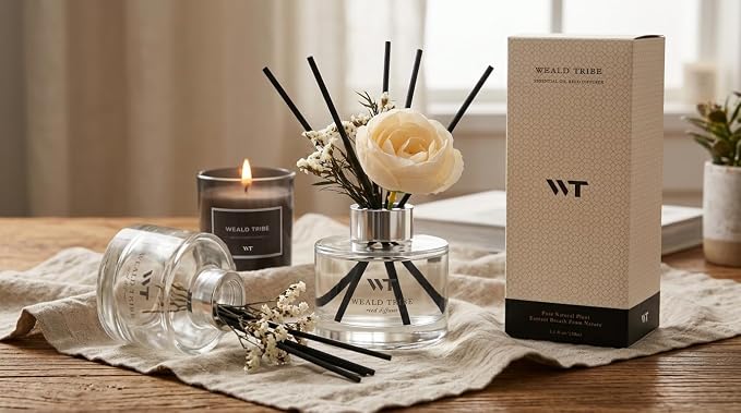 Flower Reed Diffuser Set Sandalwood Rose Scent for Bathroom Accessories Shelf Decor & Air Fresheners, Sticks Defusers with 5.1 fl oz Essential Oils & Leaves, House Bedroom Office Decor & Gifts