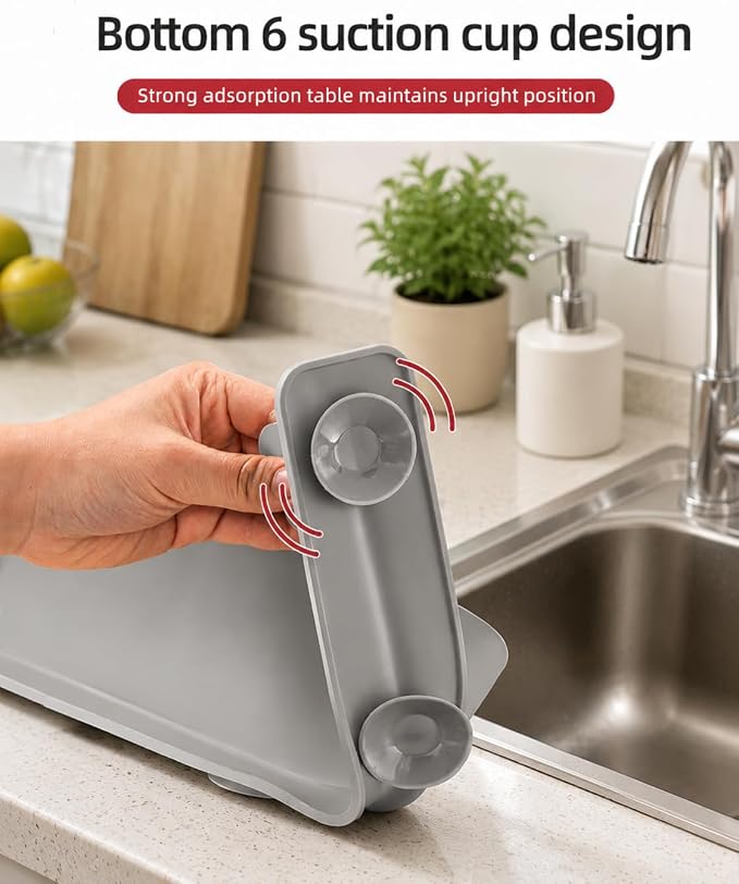 19.2inch(49cm) Silicone Guard, Sink Splash Guard with Suction Cup,Kitchen Sink Water Splash Guard, Kitchen Sink Splash Guard that Can Be Placed Behind (1, Light Gray)