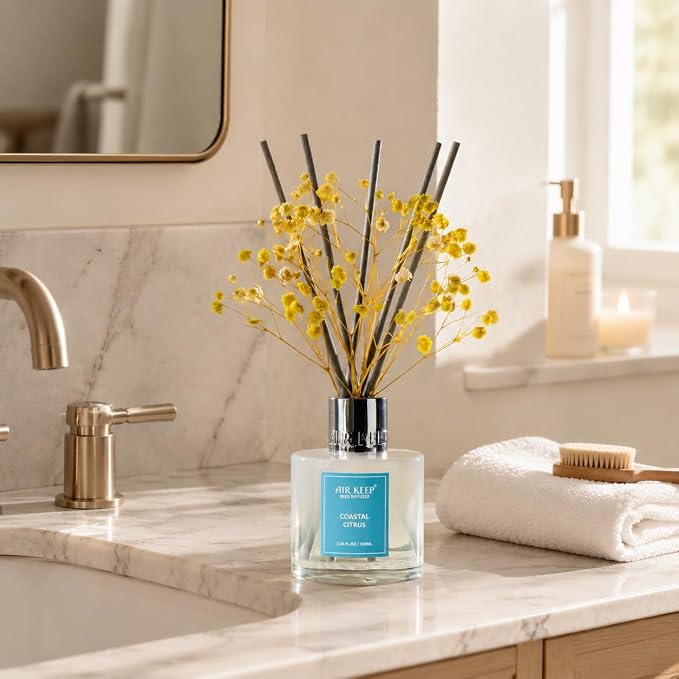 Reed Diffuser Set,3.38 fl oz (100 ml) - Coastal Citrus Oil Diffusers with 8 Reed Sticks, Home Fragrance Reed Diffuser for Bathroom Shelf Decor