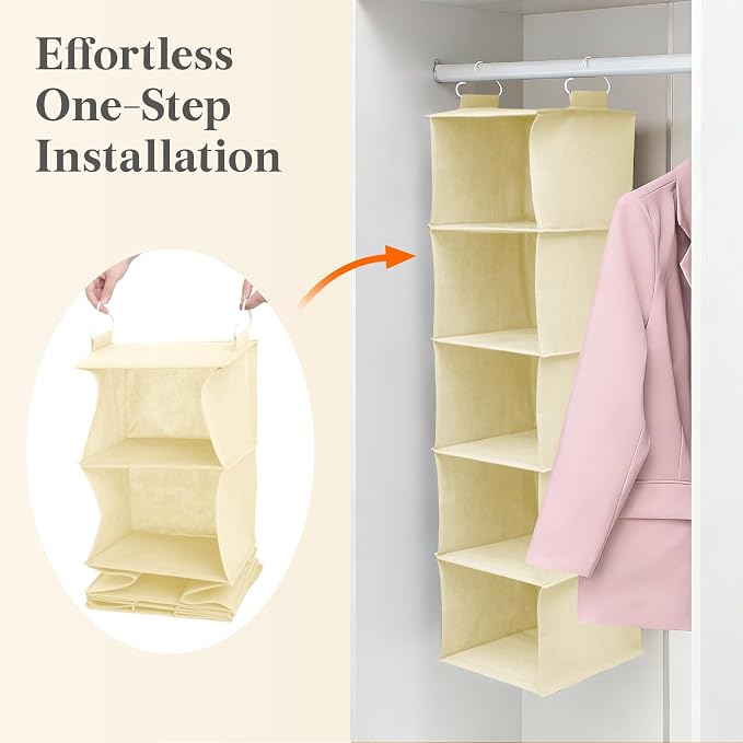 Lifewit 5 Tier Hanging Portable Closet Storage Organizer for Shelves, Beige | Foldable Clothes Shelf with 2 Sturdy Hooks, Sweater/Coat/Shoes Clothing Organization for Wardrobe, Dorm, Bedroom