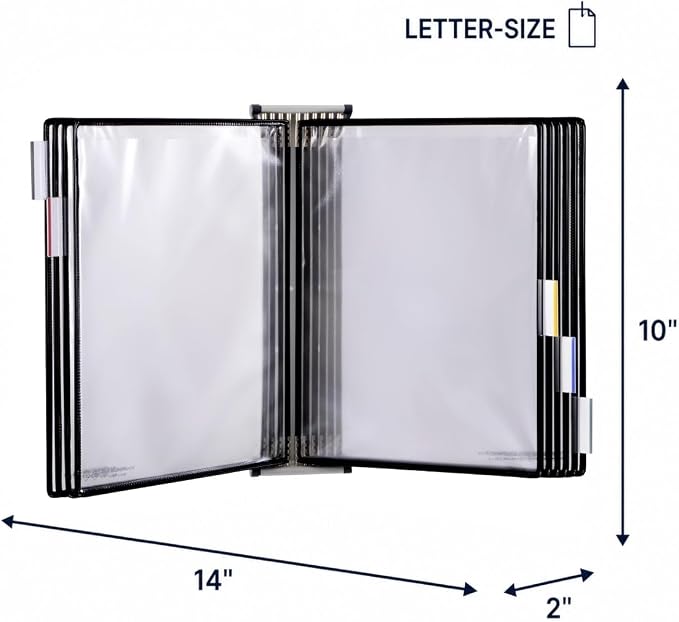Tarifold Wall Mount Reference Display System, 10 Pockets, Expandable, Black | 10 double-sided PVC pockets, holds 20 letter-size sheets, sturdy wall mount bracket, snap-on index tabs, easy to install