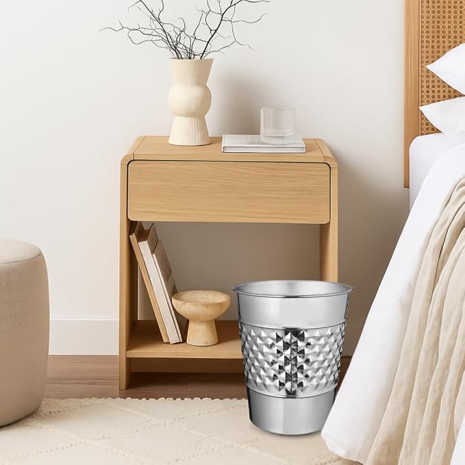 Monarch Abode Metal Bathroom Trash Can – Waste Basket for Bedroom, Office Desk, & Dorm, Handcrafted Geo Embossed, Durable Decorative Nickel Chrome Small Trash Can Bathroom Garbage Bin Wastebasket