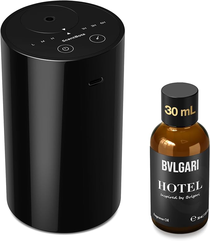 ANZ Waterless Essential Oil Diffuser Starter Kit, Black | 30 mL BGR Hotel Scent Fragrance Oil, Battery Operated, Up to 600 sq ft, Portable for Home Car Office, ANZKit-30-G