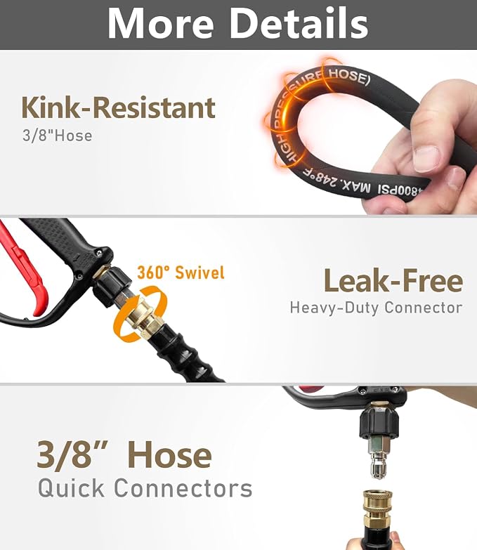 3/8" Pressure Washer Hose 200FT 4800 PSI, Kink Resistant Steel Braided Layer & NonMarking Rubber for Hot/Cold Water, High Power Washer Hose With 3/8 Inch Quick Connect & M22 Fitting, Black