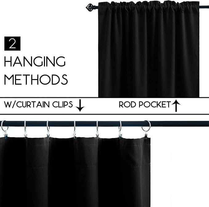 Pickluc Rod Pocket Tier Curtain - Half Blackout Curtain for Kitchen, Bathroom, Cabinet, Basement, 42 Inches Wide and 24 Inches Long, Black, 2 Panels