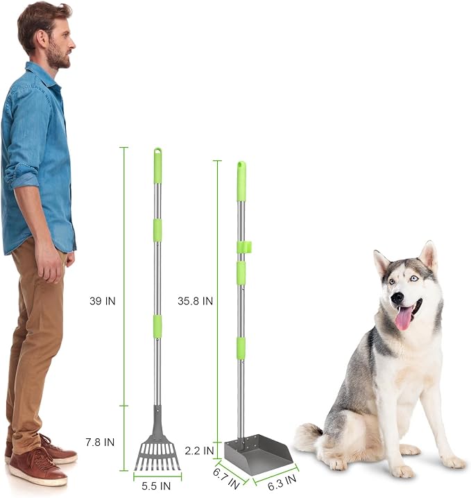 Non-Breakable Pooper Scooper, Dog Pooper Scooper Tray & Rake Set with Adjustable Stainless Steel Long Handle for Large Medium Small Dogs (Green)