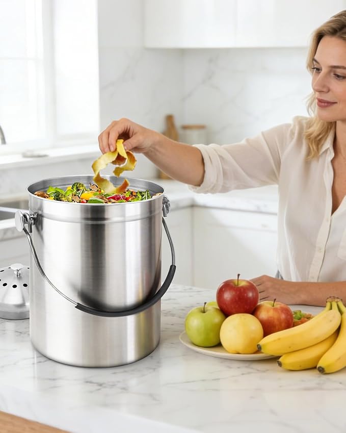 Countertop Compost Bin Kitchen Stainless Steel 1.3 Gallon | With Lid, 2 Charcoal Filter for Odorless Composting, SOFT-GRIP Handle