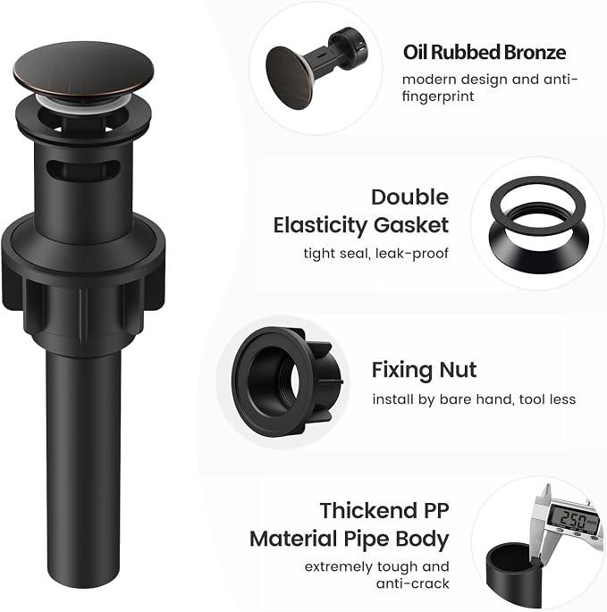 Bathroom Sink Drain with Overflow with Hair Catcher Anti-Clog Sink Strainer | Hurran Bathroom Sink Stopper for 1.65"-1.9" Hole, Plastic Pop-up Drain for Bathroom Vanity Vessel Sink, Oil Rubbed Bronze