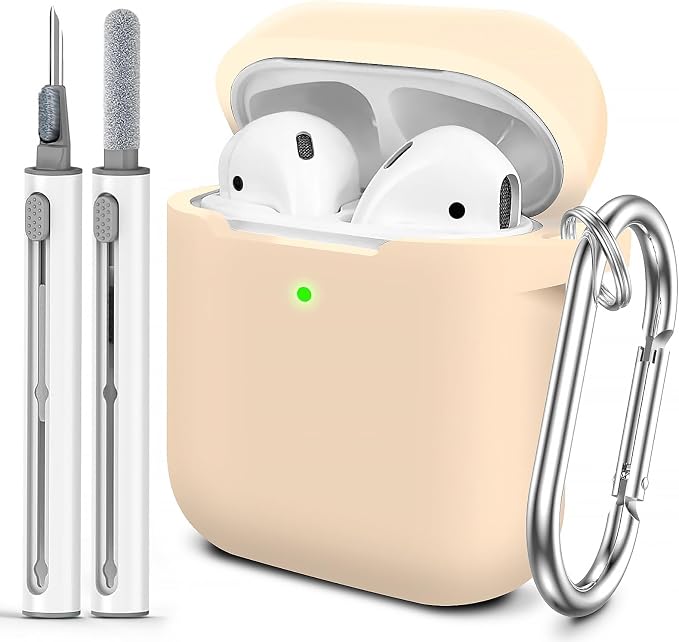 for AirPods Case Cover, Come with Cleaner Kit, Soft Silicone Protective Cover with Buckle, Compatible with Apple AirPods 2nd 1st Generation Charging Case, Front LED Visible, Cream Colored