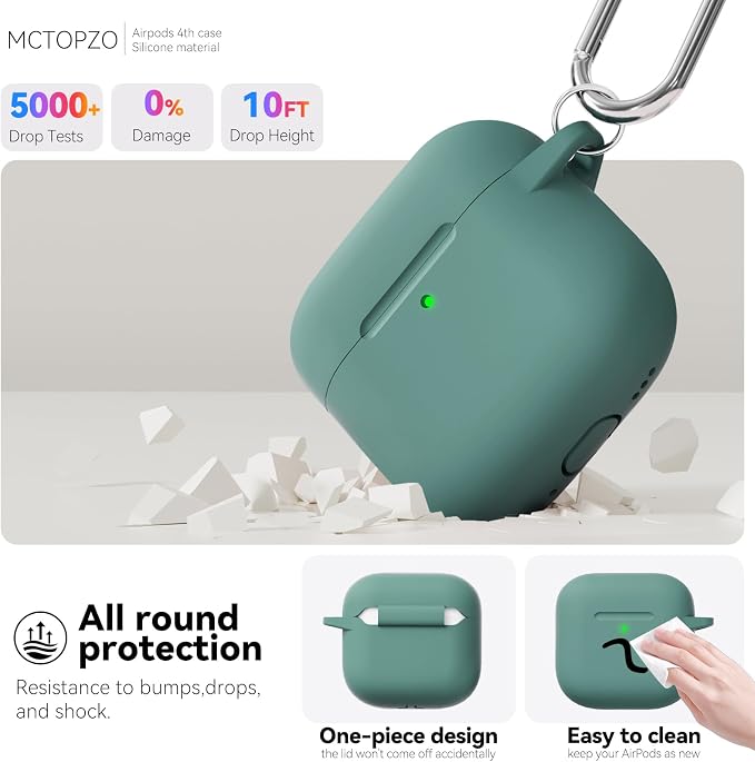 for AirPods 4 Case 2024 with Cleaner Kit & Keychain-Pine Green | Silicone Protective Cover for Apple AirPods 4th Generation Case,for Women Men,One-Piece Design,Shockproof,Dust Proof