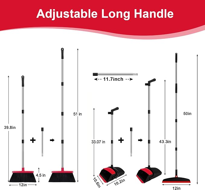 Broom and Dustpan Combo Set, 51" Long Handle with Silicone Squeegee | Wet & Dry Cleaning for Pet Areas, Built-in Comb Dustpan, Foldable Space-Saving Storage, Multi-Surface Floor Cleaning