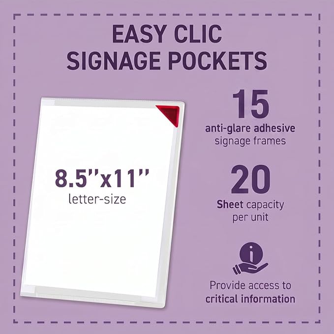 Tarifold Self-Adhesive Sign Holders, Letter Size, 15 Pack | 15 clear PVC holders, repositionable adhesive strips, magnetic corner closure, holds up to 20 letter-size sheets