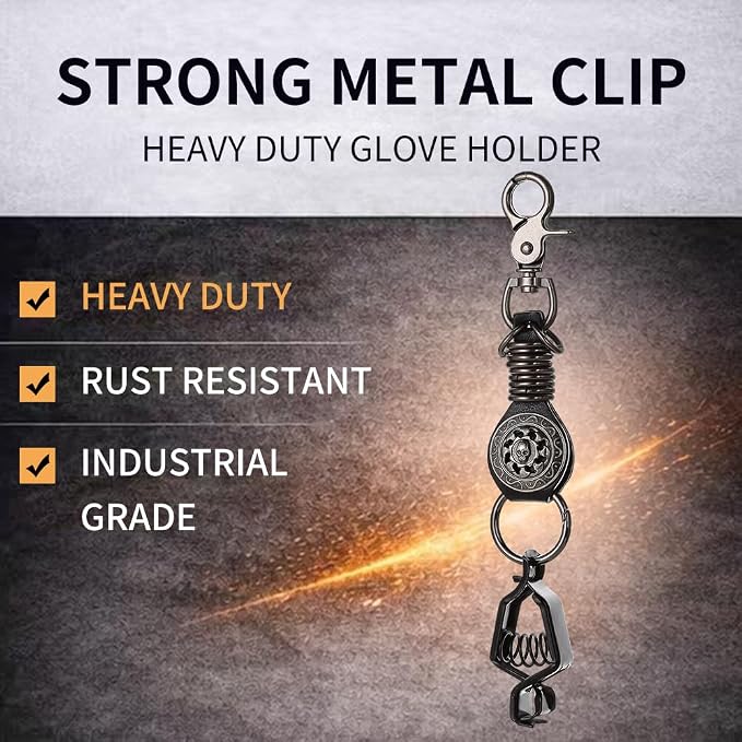 Heavy Duty Glove & Hat Clip with Carabiner, All-Metal Spring Clamp Work Glove Holder for Tool Belt, Harness, Backpack