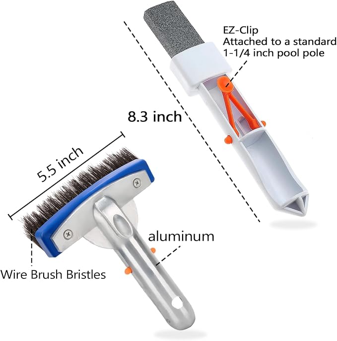 Pool Pumice Stone and 5 inch Stainless Steel Pool Brush Set with EZ-Clip Handle to Reomve Erase Rust Stain Spot in Concrete Plaster Pool Spa and Calcium Deposit on Pool Tile
