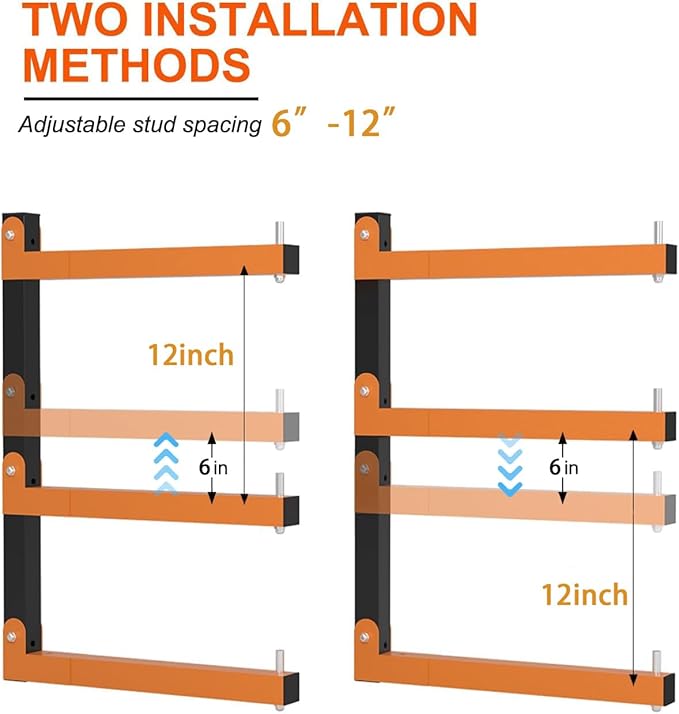 Lumber Rack Heavy Duty Wood Racks Wall Mount Folding Lumber Storage Racks with 3-Level Holds Up 360 LBS Sturdy Folding Garage Wood Organizer Orange Shelving Metal Shelf for Indoor & Outdoor- 2 Pack