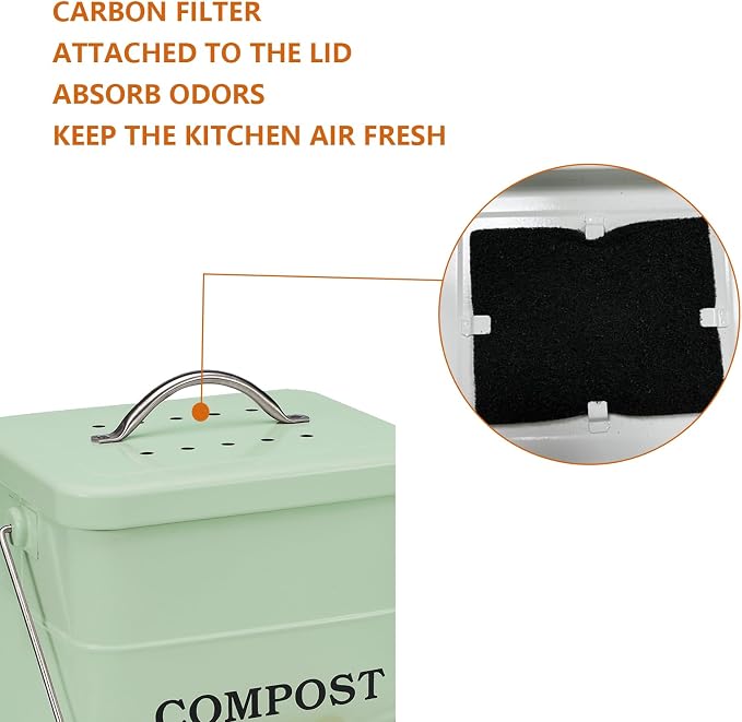Stainless Steel Compost Bin for Kitchen Countertop Compost Bin,1 Gallon, Kitchen Trash Can -Includes Charcoal Filter,Compost with Lid-Green