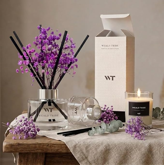 Flower Reed Diffuser Set Lavender Scent for Bathroom Accessories Shelf Decor & Air Fresheners, Sticks Defusers with 5.1 fl oz Essential Oils & Leaves, House Bedroom Office Decor & Gifts