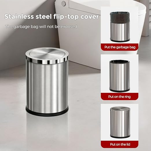 7L/1.8GAL Stainless Steel Trash can,Bathroom Trash can with lid,Small Trash Can with Flipping Lid, Mini Garbage cans for Kitchen，Living Room. Metallic Gold (7L-Silver)