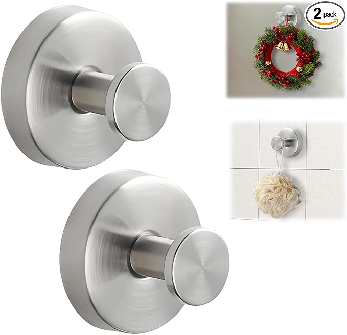Suction Cup Hooks for Wreaths on Glass, No-Drill Suction Cup Hooks, Wreath Hangers for Front Doors, Metal Towel Hooks for Showers Bathrooms Mirrors (2Pcs Silver)