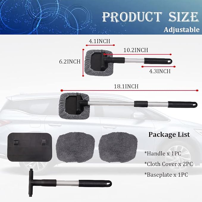 Car Glass Cleaner Wiper,Car Windshield Cleaning Tool, Microfiber Car Window Cleaner with Extendable Handle,Auto Glass Wiper Kit(Gray Square)