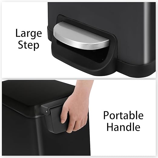 Arlopu 13.2 Gal Slim Kitchen Trash Can with Lid, 50L Stainless Steel Garbage Can, Large Kitchen Rubbish Can, Step Trash Bin w/Foot Pedal and Inner Bucket, Bathroom Trash Can Airtight (Black)