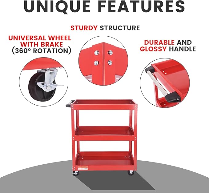3-Tier Commercial Utility Cart with Brake Wheels, Sturdy Steel Construction, 110 lbs Capacity, Red