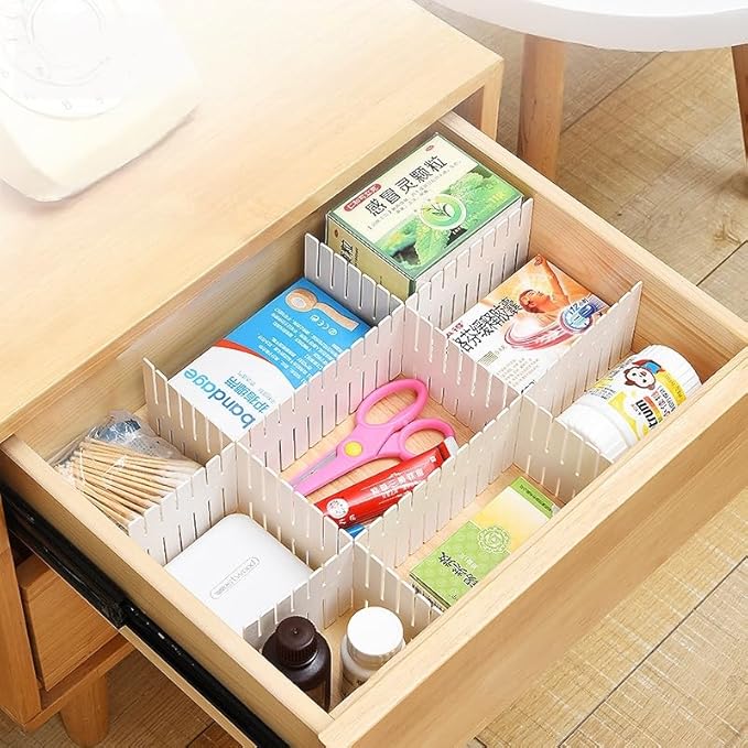Adjustable Drawer Divider Kit – 8 Pack (White + Blue) – DIY Expandable Drawer Organizer for Dresser, Kitchen, Bathroom