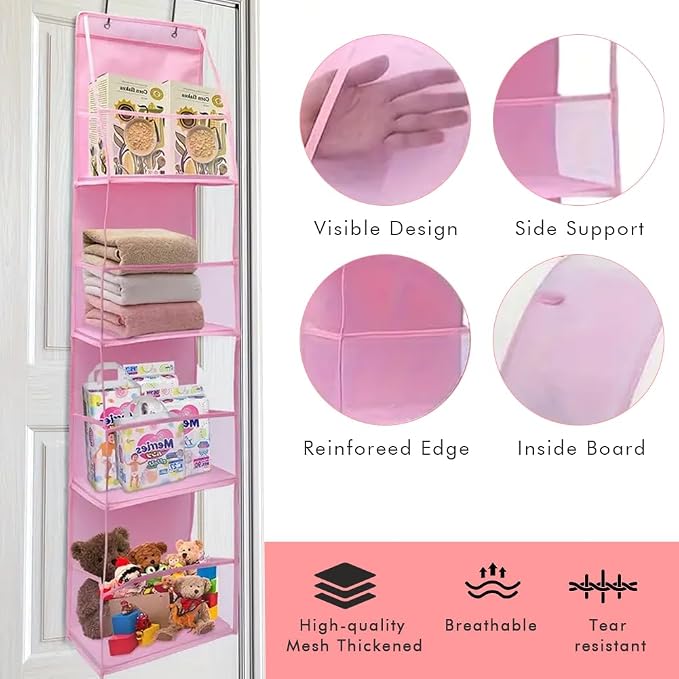4 Shelf Swing-Proof Behind Door Organizers with Metal Hooks,Closet Hanging Organizer with 4 Large Clear Pocket for Bedroom,Bathroom,Pantry