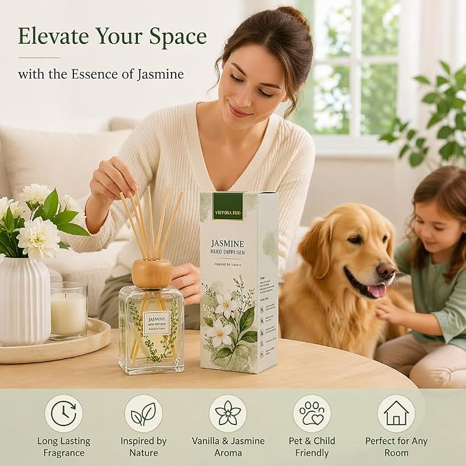 Jasmine Reed Diffuser, 3.4 Fl Oz | Floral Scent Fragrance Oil Lasts for 12 Weeks Air Fresheners for Bedroom, Bathroom, Living Room or Office; Gift-ready