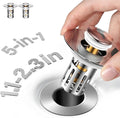 5-in-1 Bathroom Sink Stopper, 2 Pc Pop-Up Sink Drain Strainer with Removable Bascket, Anti-Clog Strainer, Odor Blocking & One-Way Flow Design, Brass & Stainless Steel All Metal Made, Fit 1.1"–2.36"