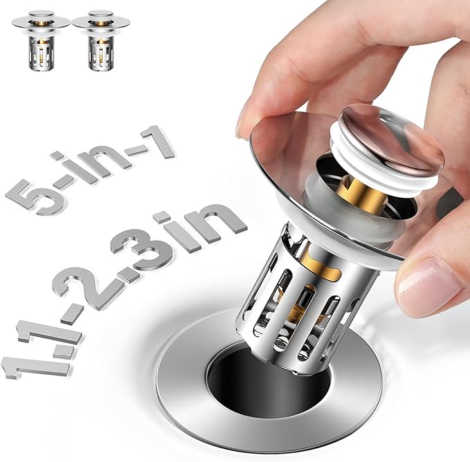 5-in-1 Bathroom Sink Stopper, 2 Pc Pop-Up Sink Drain Strainer with Removable Bascket, Anti-Clog Strainer, Odor Blocking & One-Way Flow Design, Brass & Stainless Steel All Metal Made, Fit 1.1"–2.36"