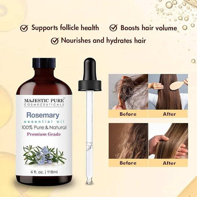 Majestic Pure Essential Oil with Glass Dropper - 100% Pure and Natural - Essential Oils for Diffuser, Aromatherapy, Soap and Candle Making, Rosemary Essential Oil, Rosemary Oil, 4 Fl Oz