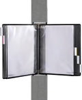 Tarifold Wall Mount Reference Display System, 10 Pockets, Expandable, Black | 10 double-sided PVC pockets, holds 20 letter-size sheets, sturdy wall mount bracket, snap-on index tabs, easy to install