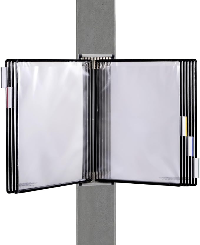 Tarifold Wall Mount Reference Display System, 10 Pockets, Expandable, Black | 10 double-sided PVC pockets, holds 20 letter-size sheets, sturdy wall mount bracket, snap-on index tabs, easy to install