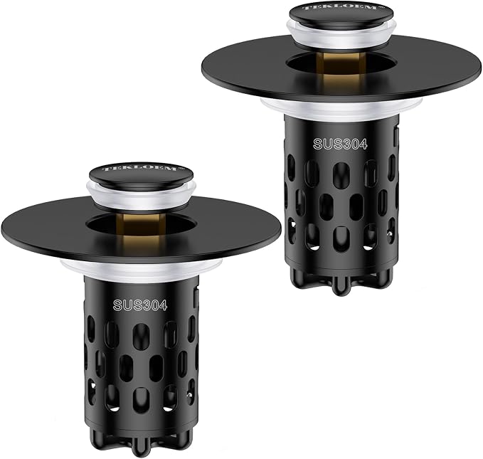 Bathroom Sink Drain Strainer,All Metal Pop-Up Sink Stopper with Removable Stainless Steel Filter Basket, Universal Bathroom Hair Catcher Fit for 1.1-2.36'' Drain (Black, 2 Pack)