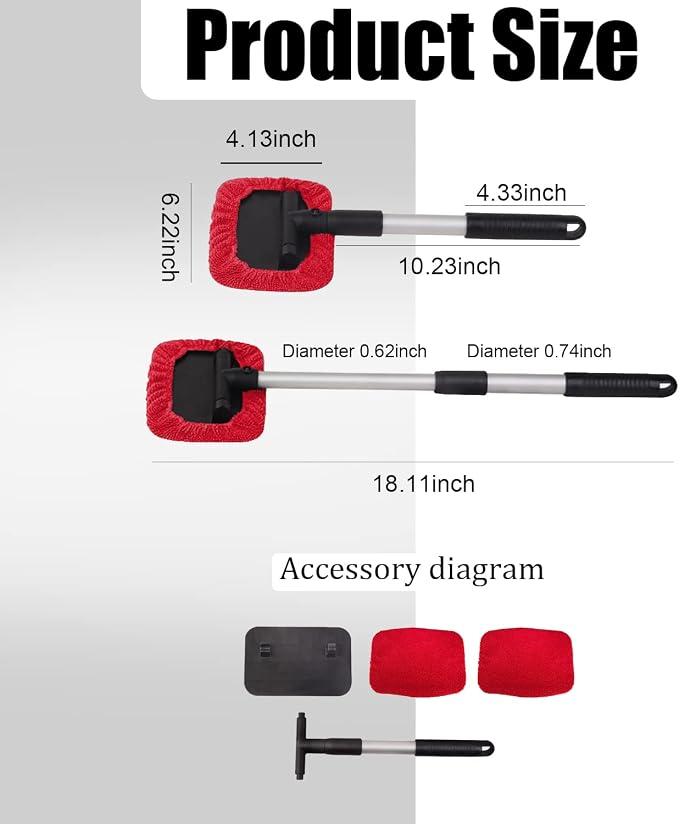 Car Glass Cleaner Wiper,Windshield Cleaning Tool, Microfiber Window Cleaner with Extendable Handle,Auto Glass Wiper Kit(Red Square)