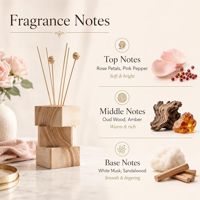 Oud Rose Reed Diffuser, 3.34 Fl Oz | Hotel-inspired Air Freshener with Long-lasting Fragrance for Home&Office;Gift-ready
