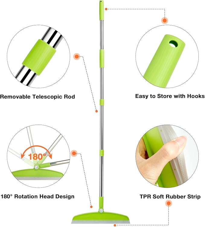 Silicone Air Broom, Multifunction Broom with Long Handle, Adjustable Rubber Squeegee Sweeping Water for Indoor Hardwood Floors, Kitchen,Concrete Floor, Bathroom Tile(Gray Green)