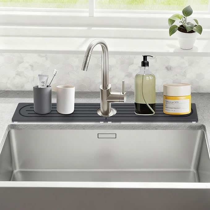 Stone Faucet Mat for Kitchen Sink with Raised Feet, Durable Diatomite Fast-Drying Stone Tray, Non-Slip Decorative Sink Protector for Kitchen Bathroom Counter, Easy Clean, Pure black, 30" x 4"