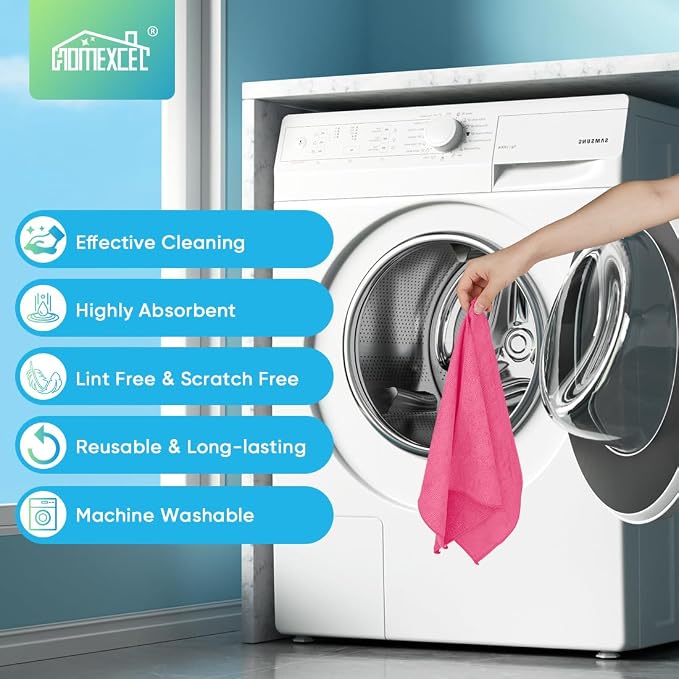 HOMEXCEL Pink Microfiber Cleaning Cloth, 24 Pack Cleaning Towels for Kitchen, Lint Free, Scratch-Free, Highly Absorbent, and Reusable Cleaning Rags for House, Window and Glass, Cars, 11.5 X11.5 inch